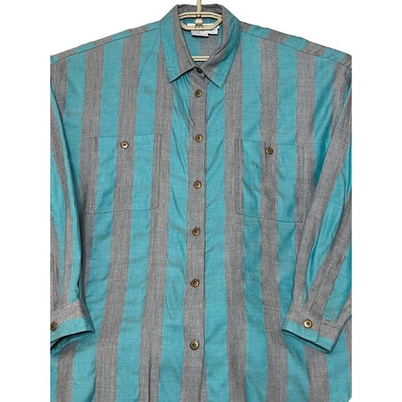 VTG Together! Missy L Striped Button-Up Shirt With Turquoise Gray Stripes Pocket - Picture 1 of 16
